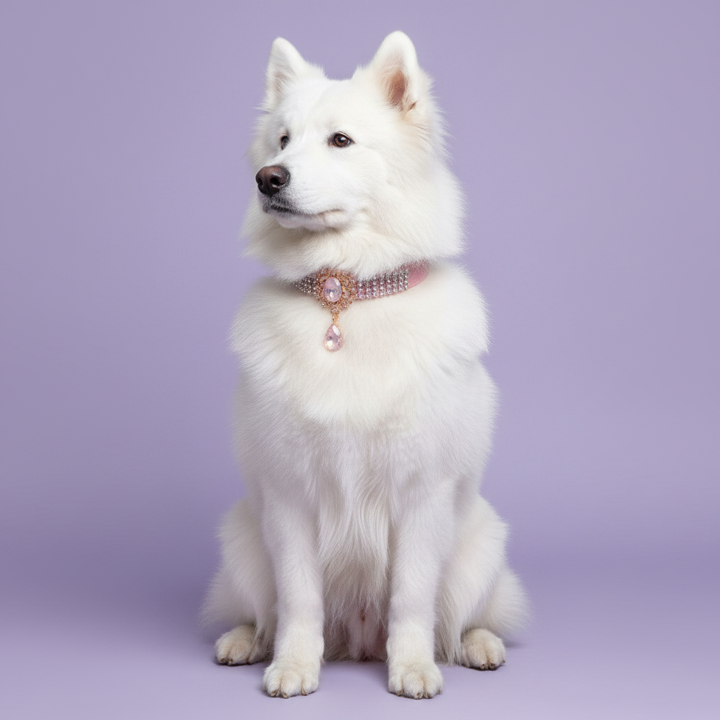 Brown-eyed white Samoyed sitting tall and gazing to the side wearing a pink rhinestone collar with an ornate gold Victorian centerpiece featuring an oval blush rose quartz crystal and a dangling teardrop pink crystal pendant, luxury Victorian crystal dog collar for large breeds on solid lavender background