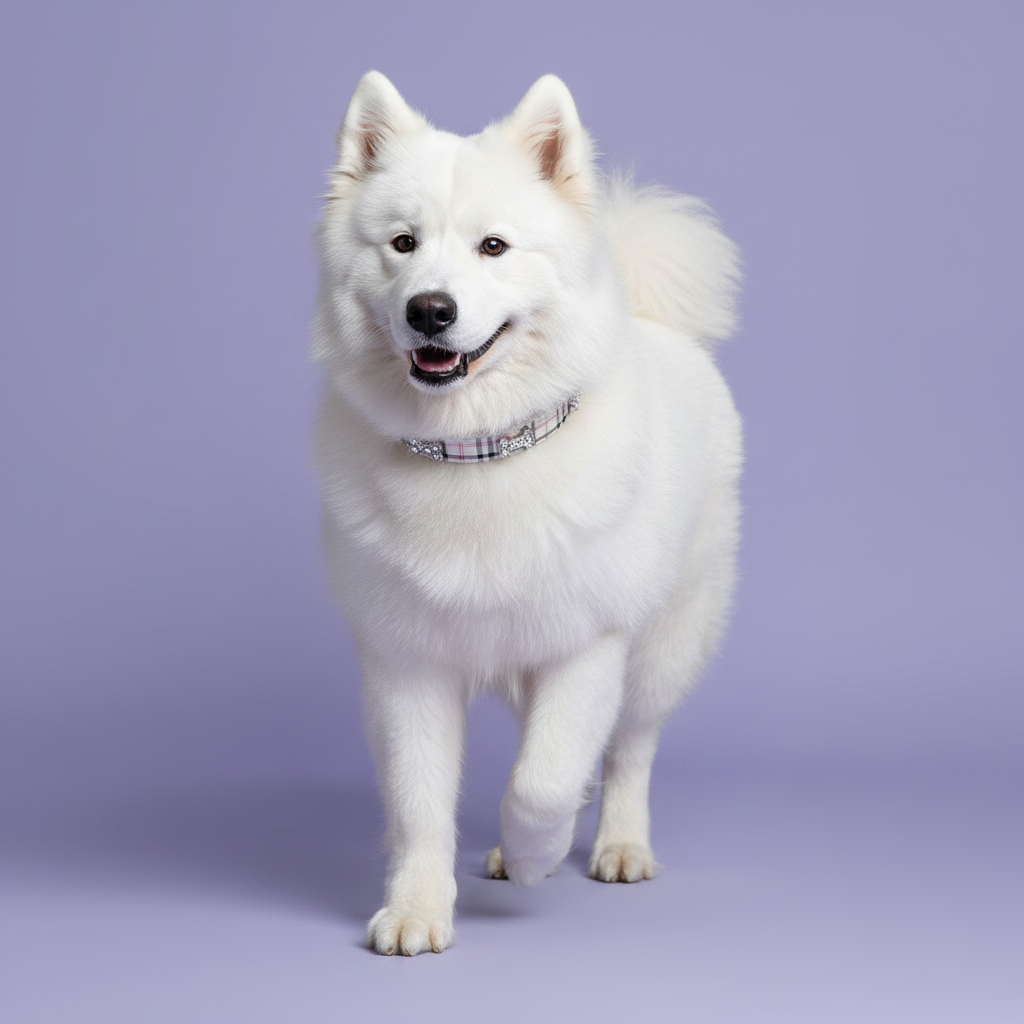 Samoyed trotting toward camera wearing a grey plaid rhinestone dog collar