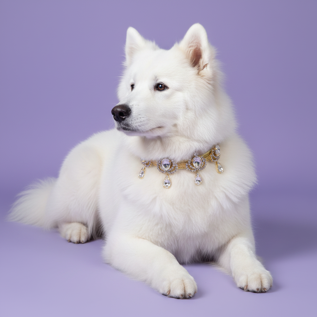 Samoyed lounging and gazing to the side wearing a gold crystal teardrop pendant rhinestone dog collar
