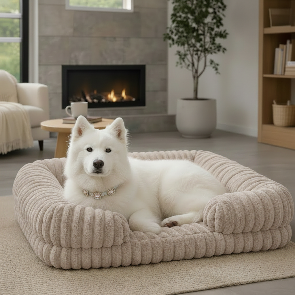 White Samoyed wearing a crystal gemstone collar resting in a light taupe chunky corduroy pet bed in a bright modern living room with a lit linear fireplace, potted olive tree, and oak shelving.