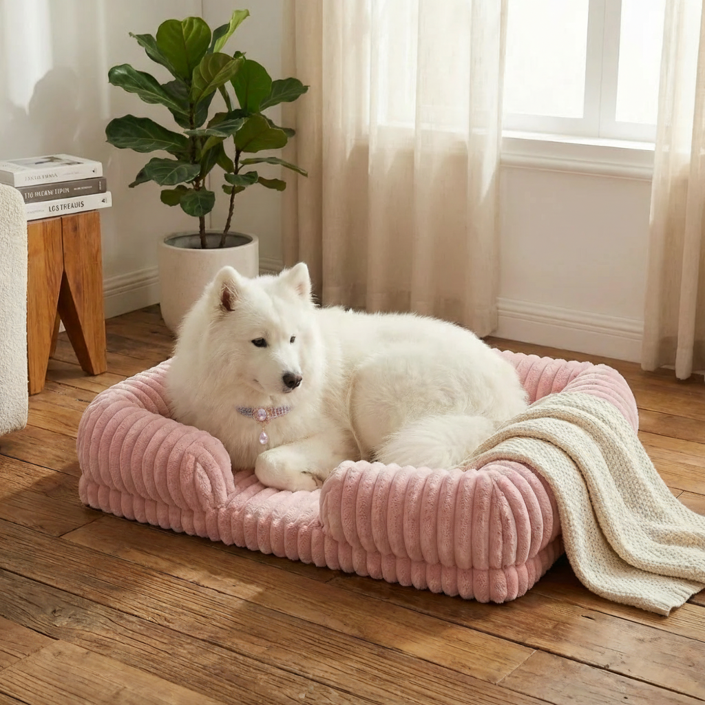 White Samoyed wearing a pink gemstone collar resting in a blush pink chunky corduroy pet bed with a cream knit blanket draped over the side, on a warm wood floor beside a fiddle leaf fig plant.