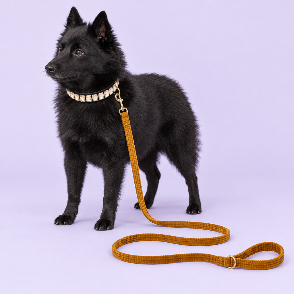 Schipperke with opal collar and mustard corduroy leash