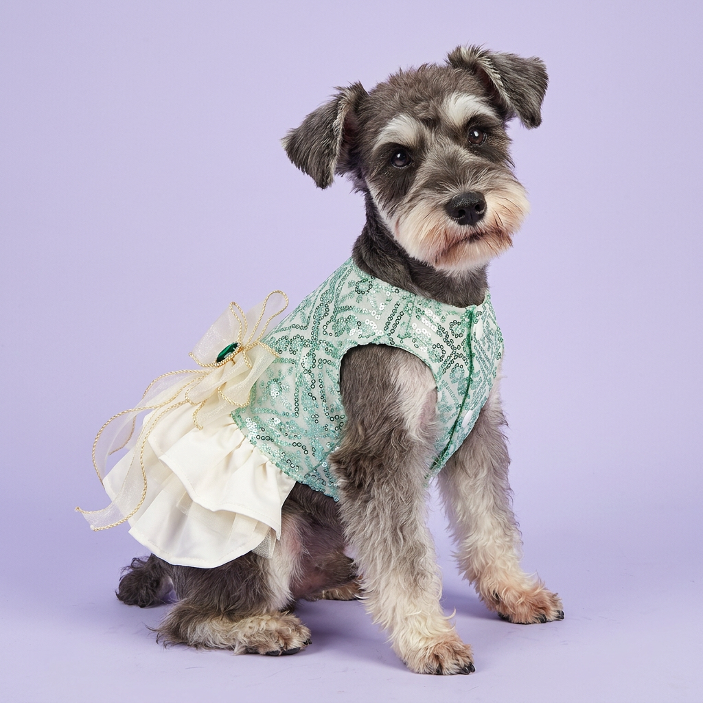 Schnauzer seated front-three-quarter with a gentle head tilt