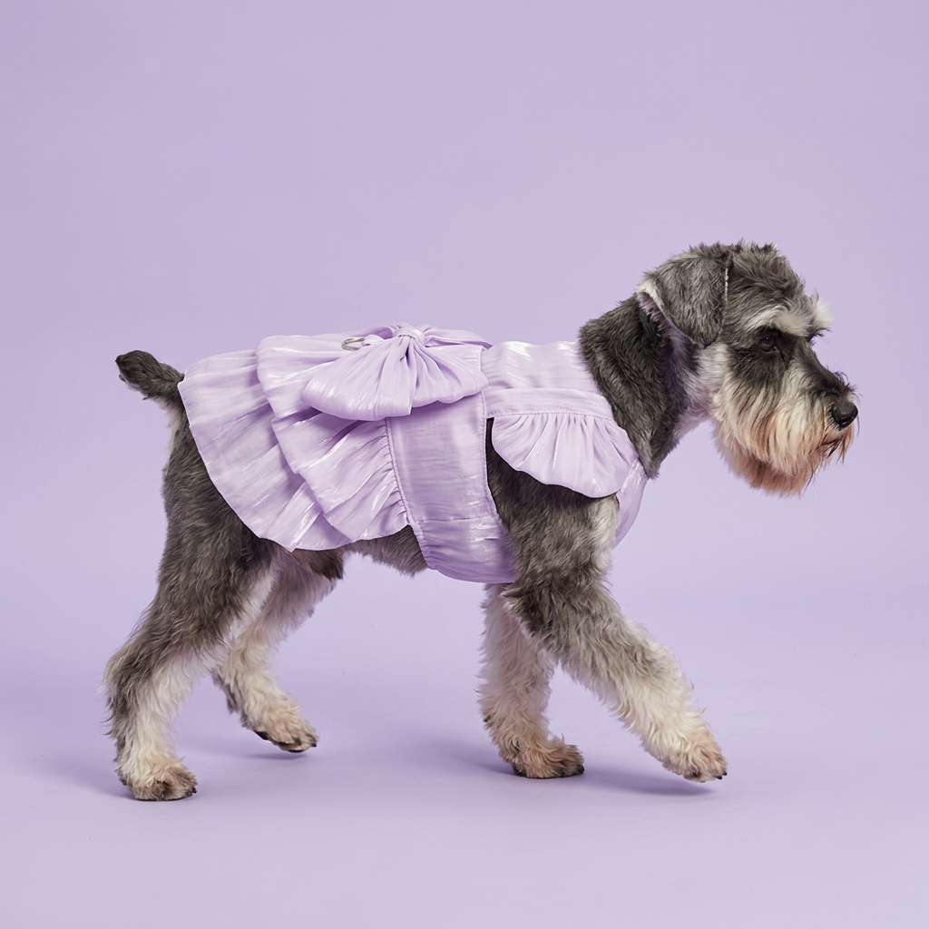 Schnauzer wearing the lavender tiered dress