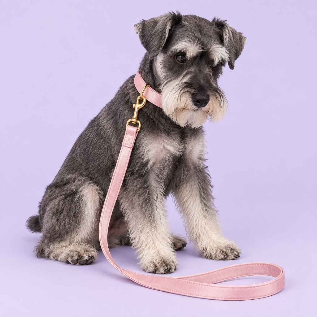 Schnauzer with blush-pink silky collar and leash