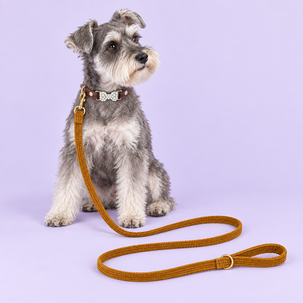 Schnauzer with brown bow collar and mustard corduroy leash
