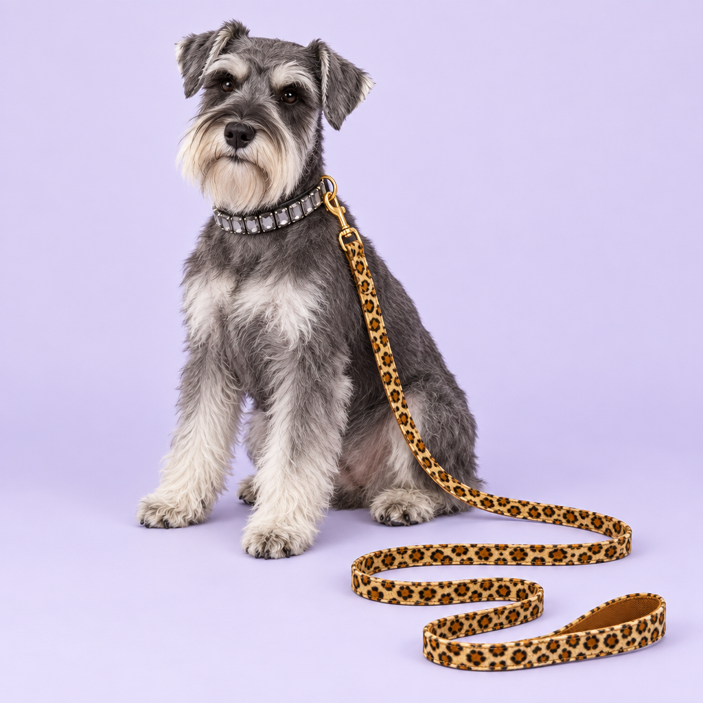 Schnauzer with grey crystal collar and leopard leash