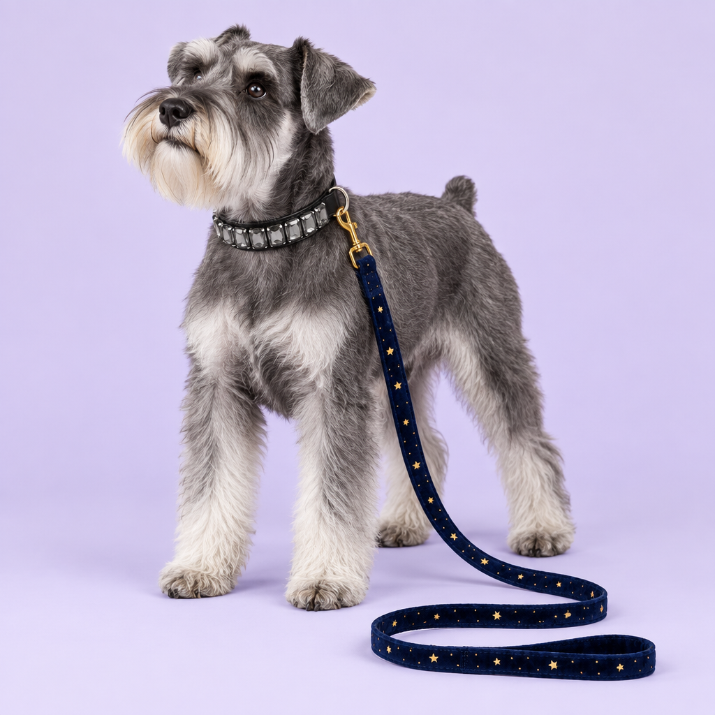Schnauzer with grey crystal collar and navy star leash