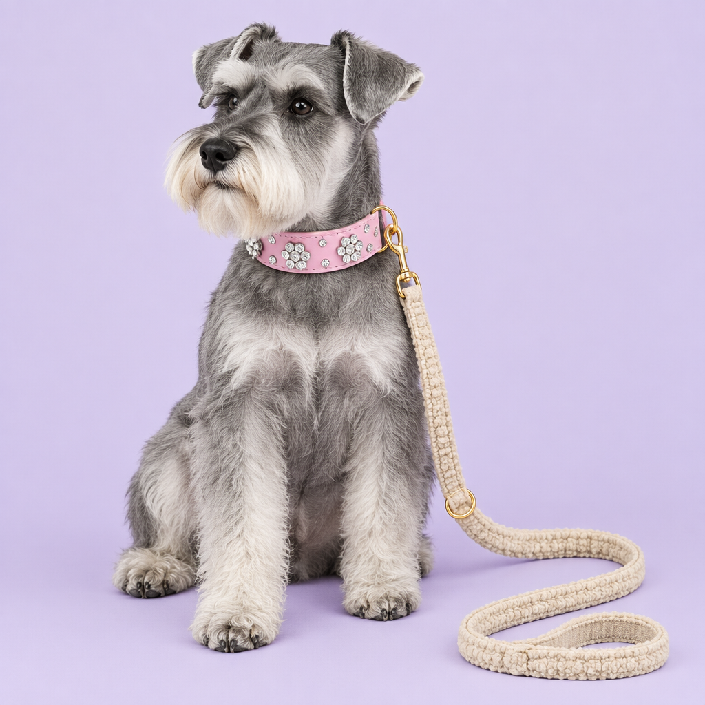 Schnauzer with pink flower collar and beige fleece leash