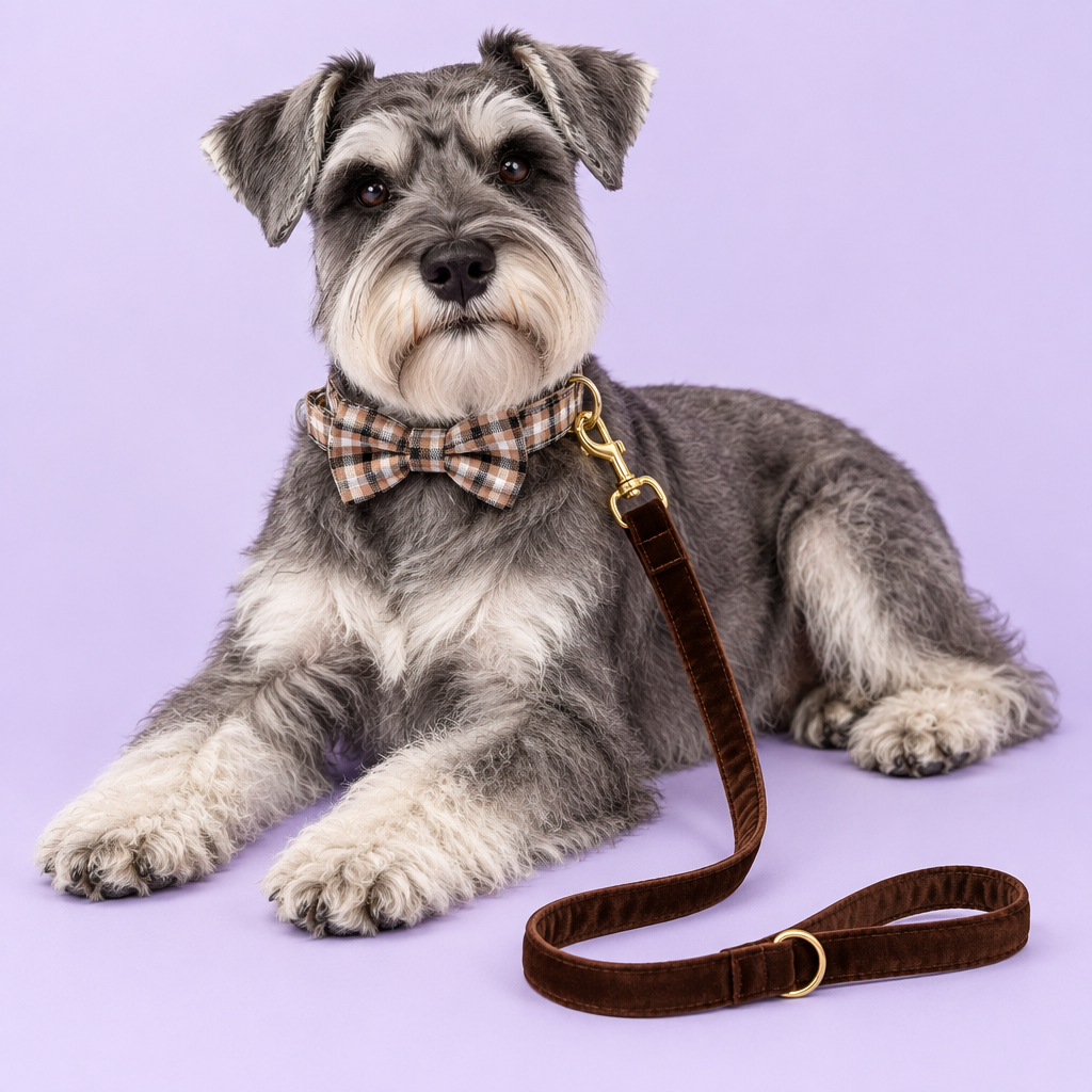 Schnauzer with plaid bow collar and brown velvet leash