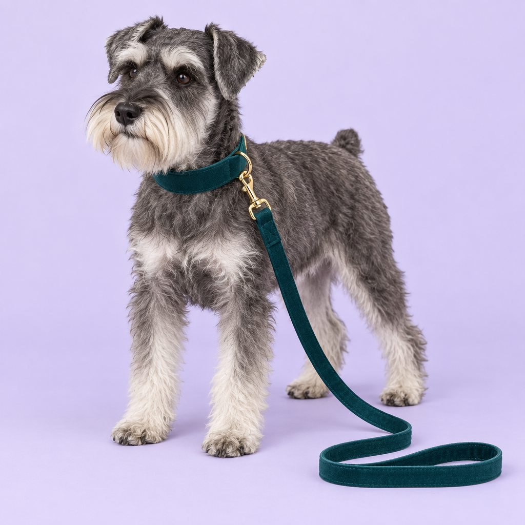 Schnauzer with plain teal velvet collar and leash