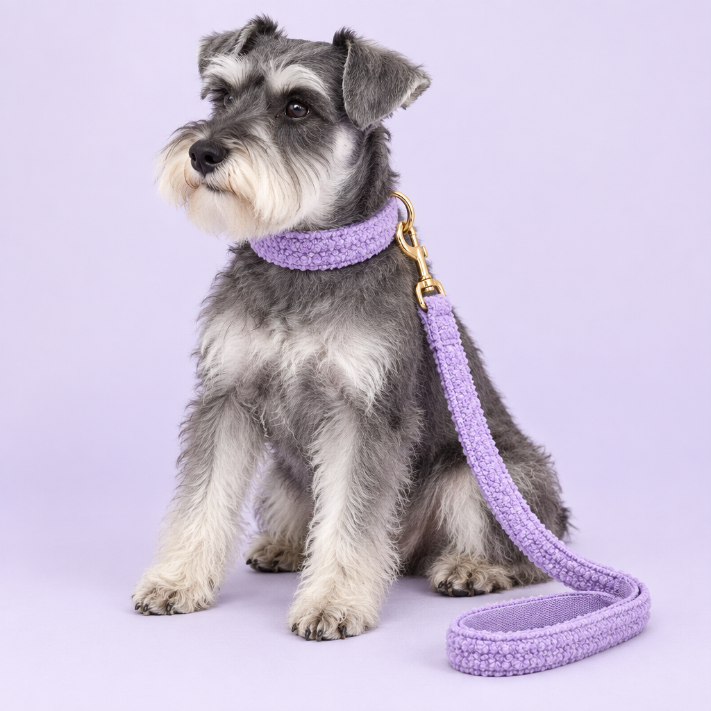 Schnauzer with purple teddy-fleece collar and leash