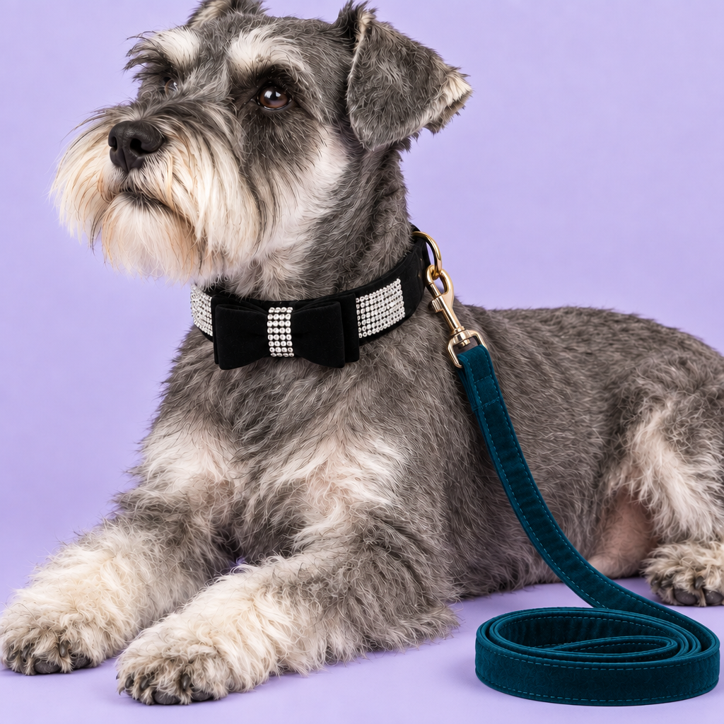 Schnauzer with teal leash looped on the floor