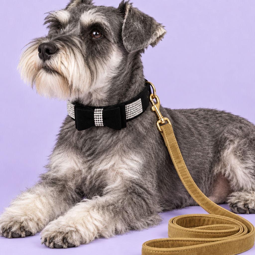 Schnauzer with updated yellow velvet leash