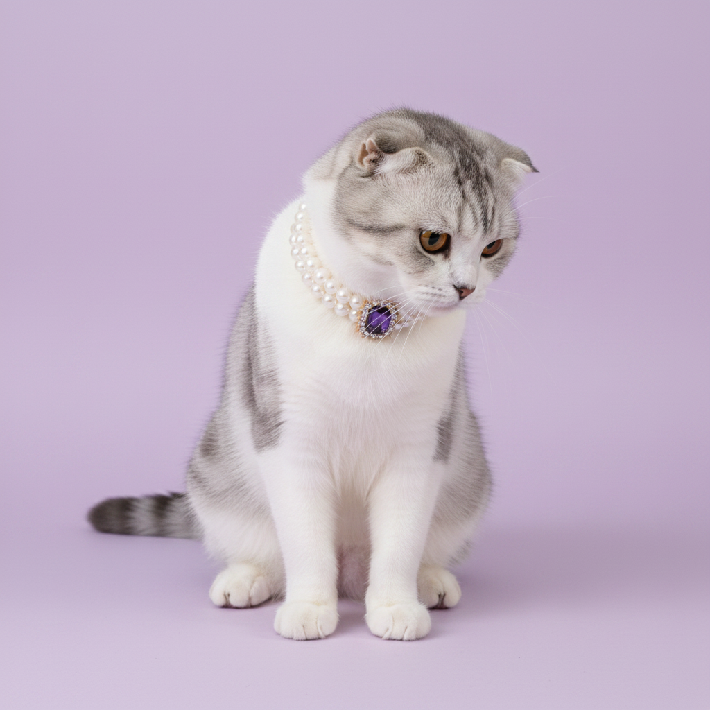 Silver Scottish Fold cat sitting and looking down to the side while wearing a double pearl collar with an amethyst gemstone pendant against a lavender background