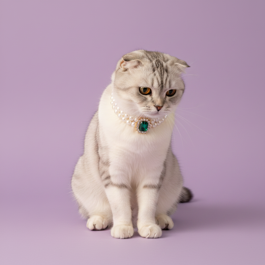 Silver Scottish Fold cat sitting and looking to the side while wearing a double pearl collar with an emerald gemstone pendant against a lavender background