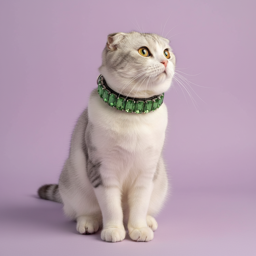 Scottish Fold cat wearing an emerald green rhinestone collar against a soft lavender studio background.