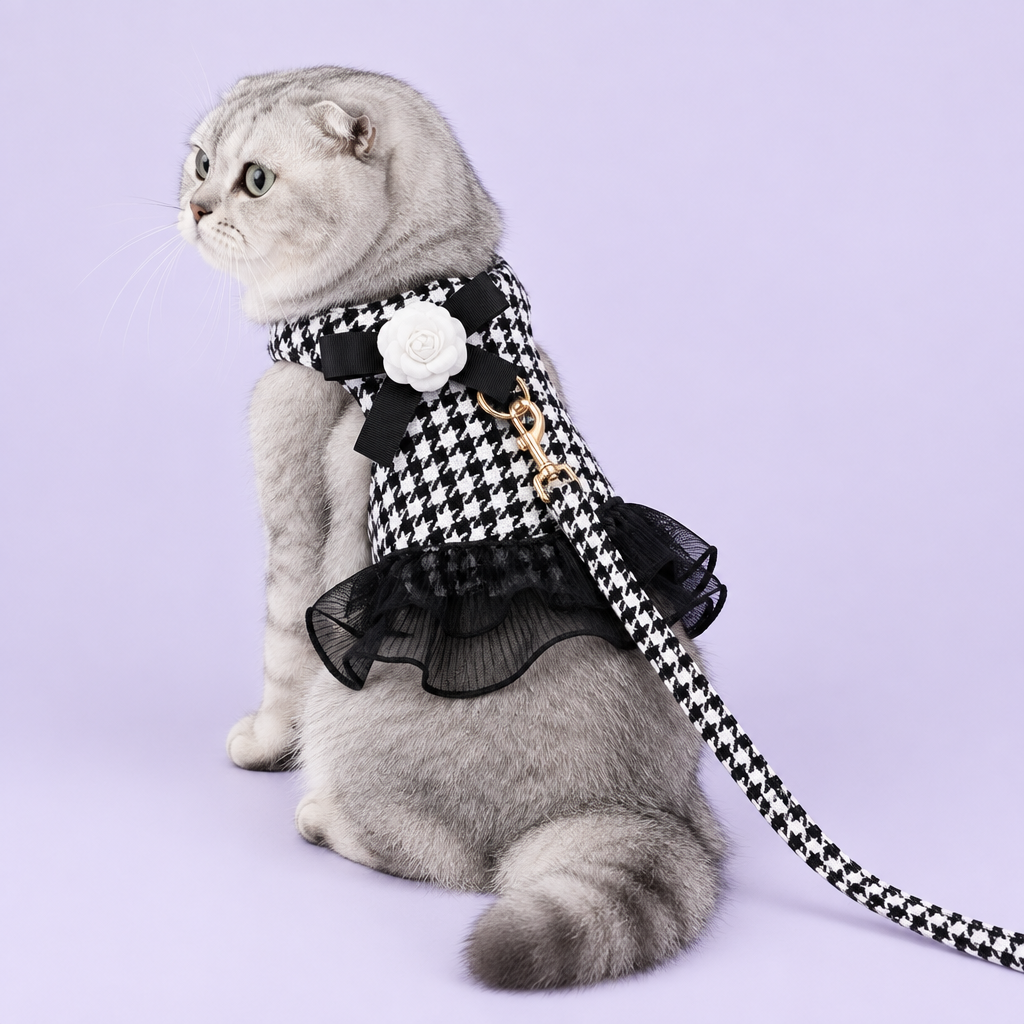 Scottish Fold in houndstooth harness