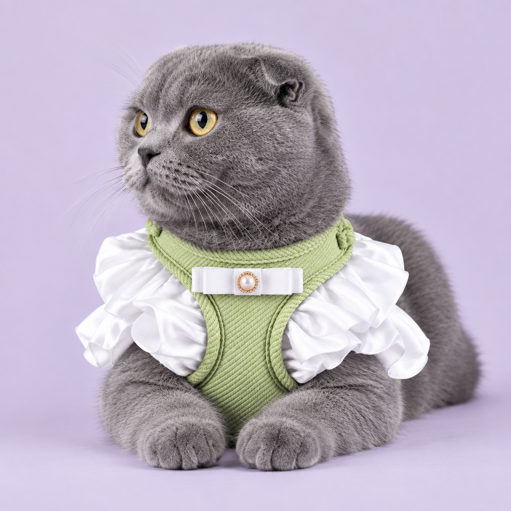 Scottish Fold in pale green ruffled harness without leash
