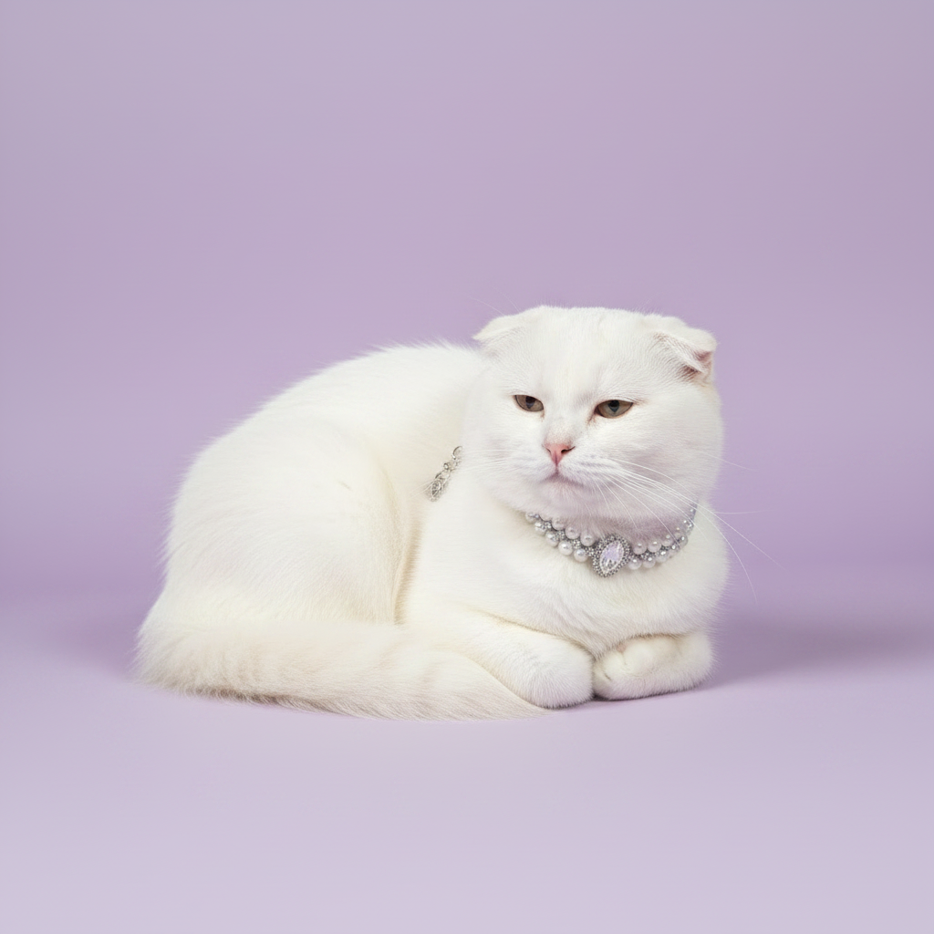 White Scottish Fold cat in a loaf position with a regal, slightly aloof expression, wearing the double-strand white pearl collar with a marquise-cut crystal centerpiece, on a soft lavender background