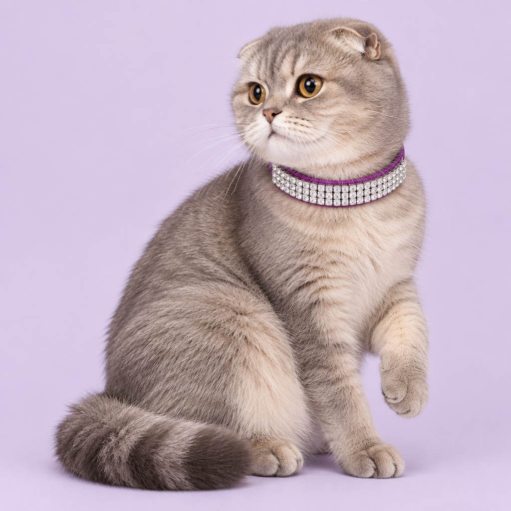 Scottish Fold seated three-quarters away with one paw lifted