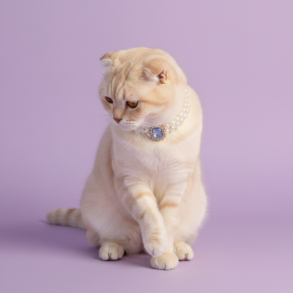 Cream Scottish Fold cat sitting and wearing a pearl collar with a lavender gemstone pendant against a lavender background