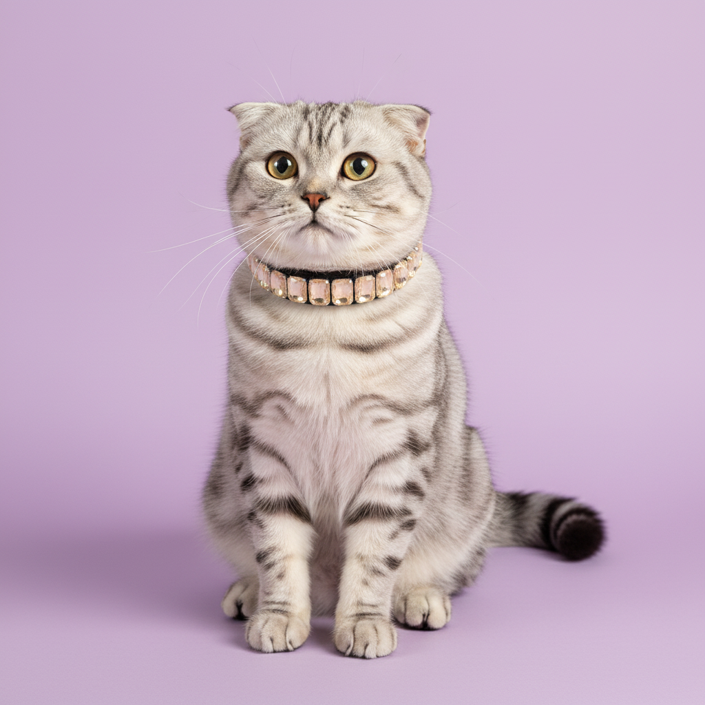 Grey tabby Scottish Fold cat sitting and wearing a crystal rhinestone collar against a soft lavender studio background.