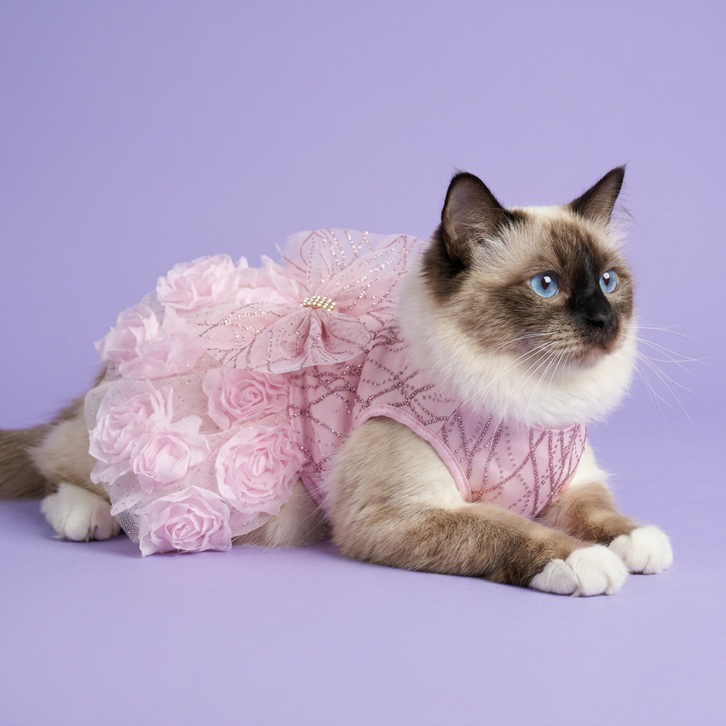 Seal-point Birman lounging with crossed forepaws in the pink rosette dress