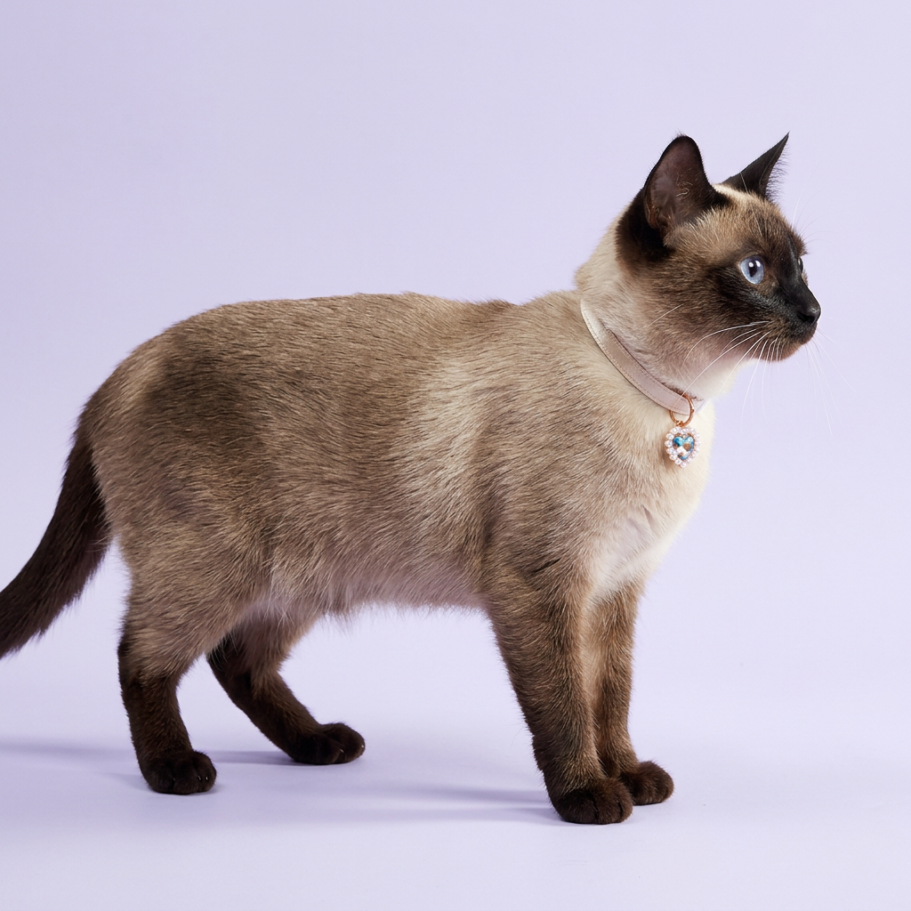 Seal-point Siamese cat standing in profile, wearing the ivory satin iridescent heart-charm collar