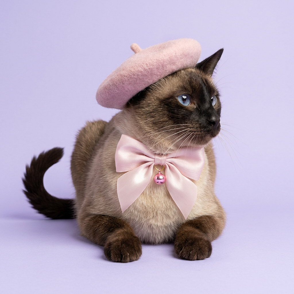 Seal-point Siamese lounging in the pink beret and bow