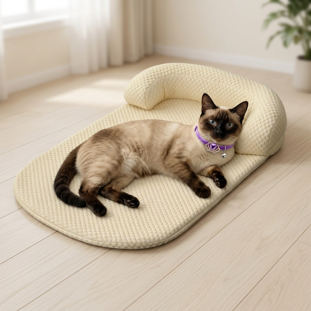 Seal-point Siamese lounging on the cream mat wearing your purple crystal crown collar