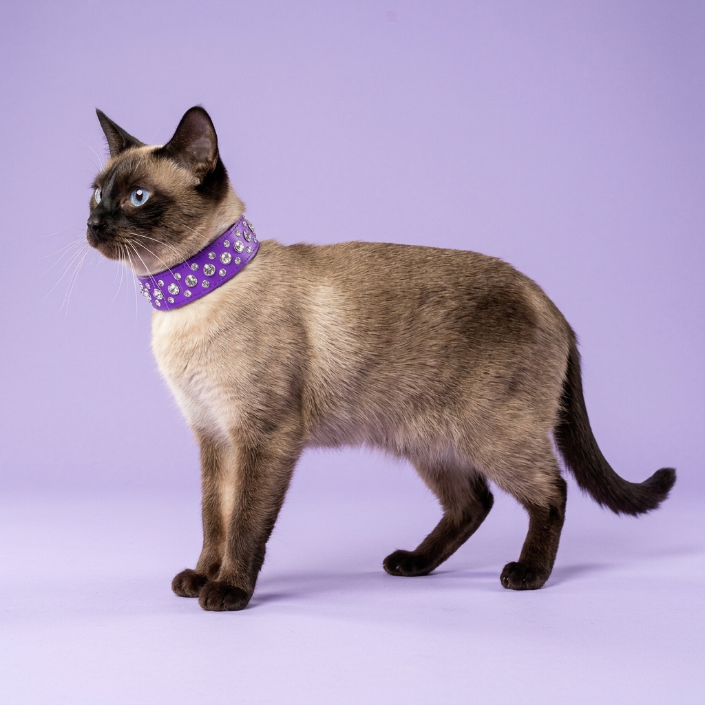 Seal-point Siamese standing in profile, wearing the wide purple rhinestone collar