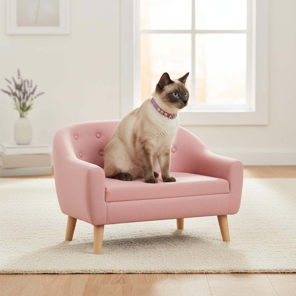 Seal-point Siamese wearing the collar on the pink couch