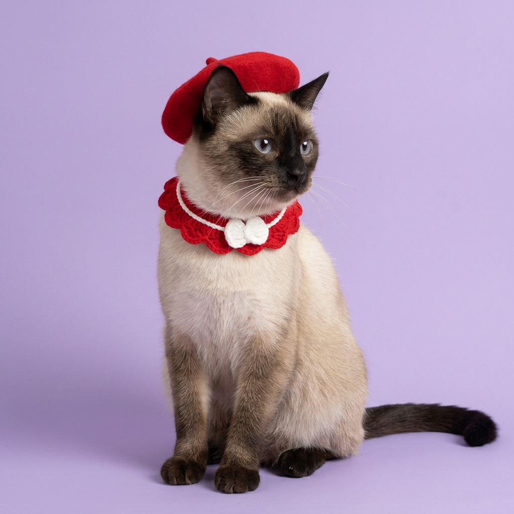 Seal-point Siamese wearing the red beret and thin bib