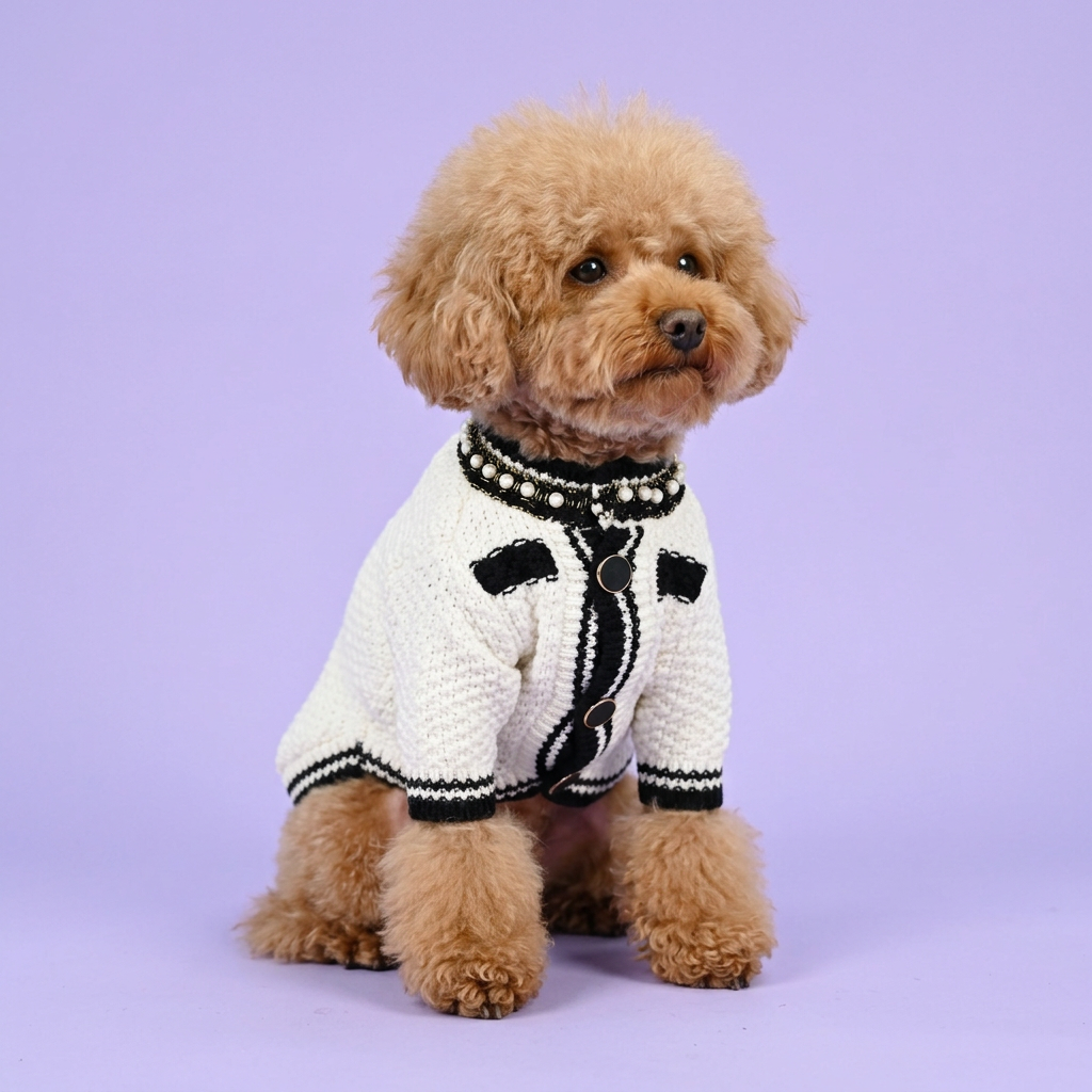 Seated apricot poodle wearing the cream-and-black sweater