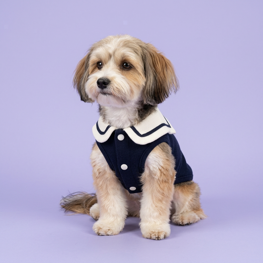 Seated Havanese wearing the navy sailor shirt