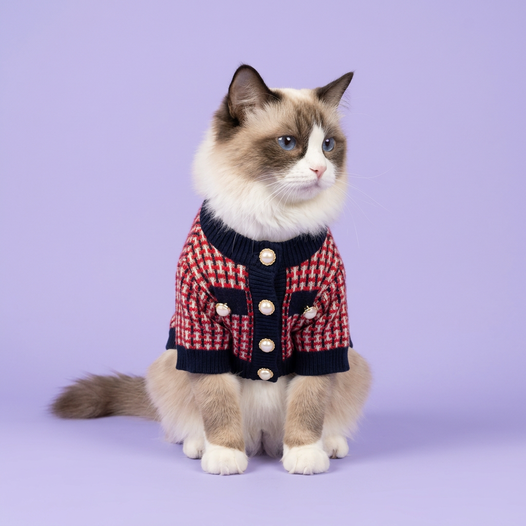Seated Ragdoll in the red checked sweater