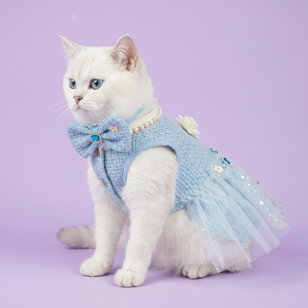 Seated white cat wearing the blue dress and collar set
