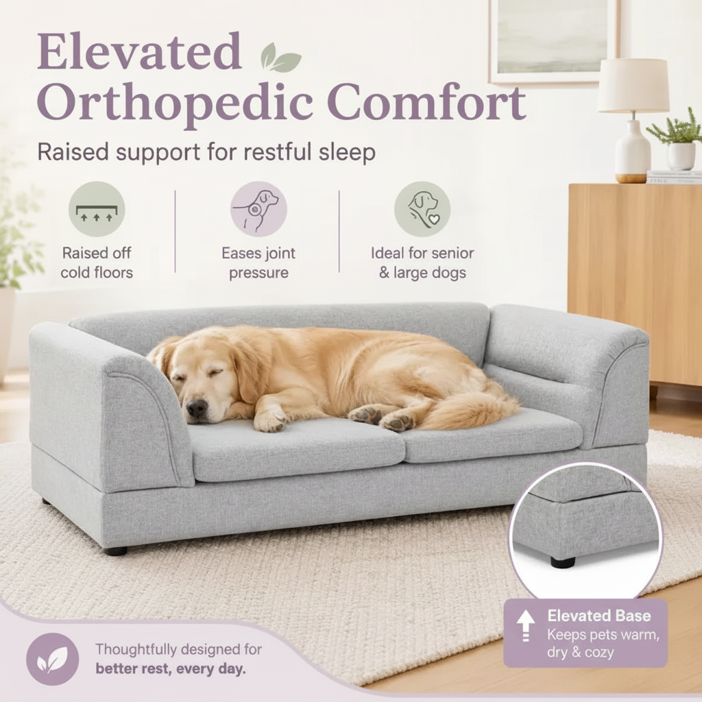 Second pet sofa image with cream-and-lavender accents
