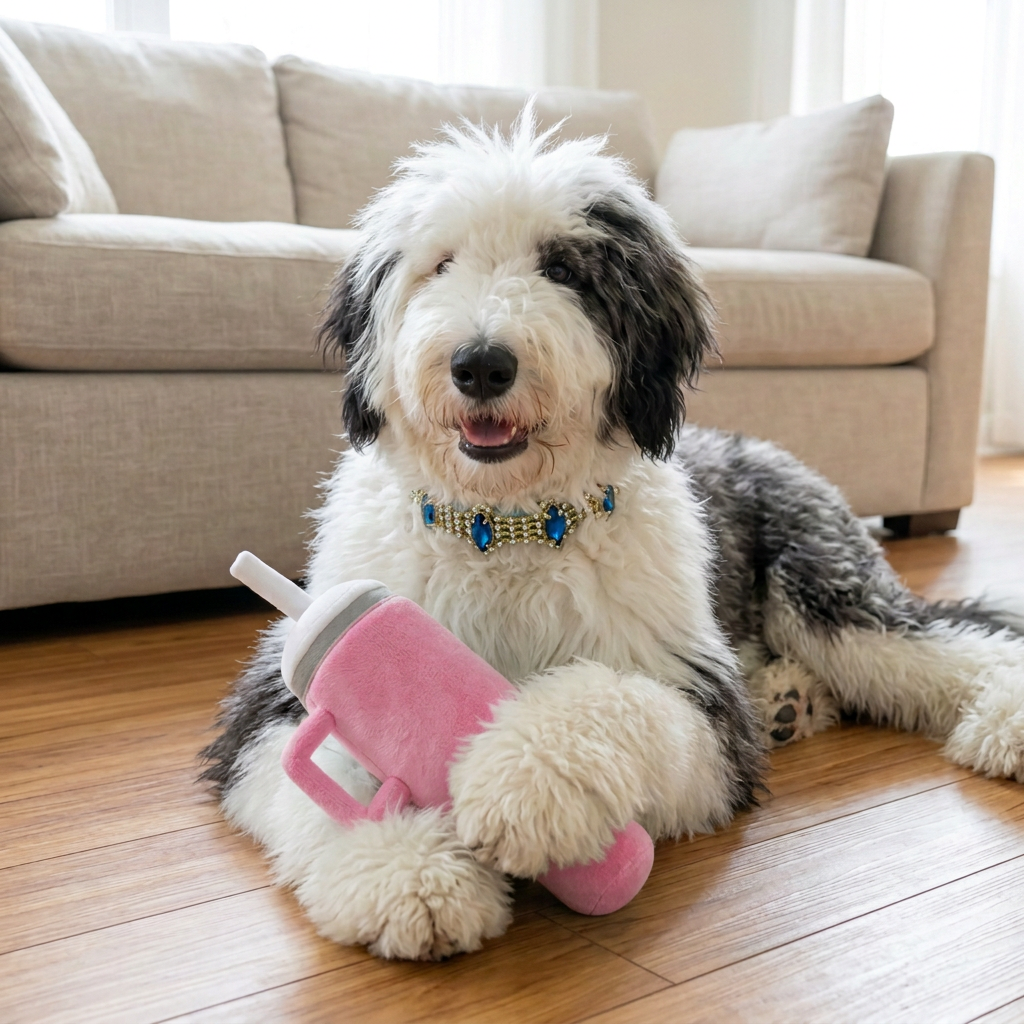Shaggy black-and-white dog with tumbler plush recolored pink