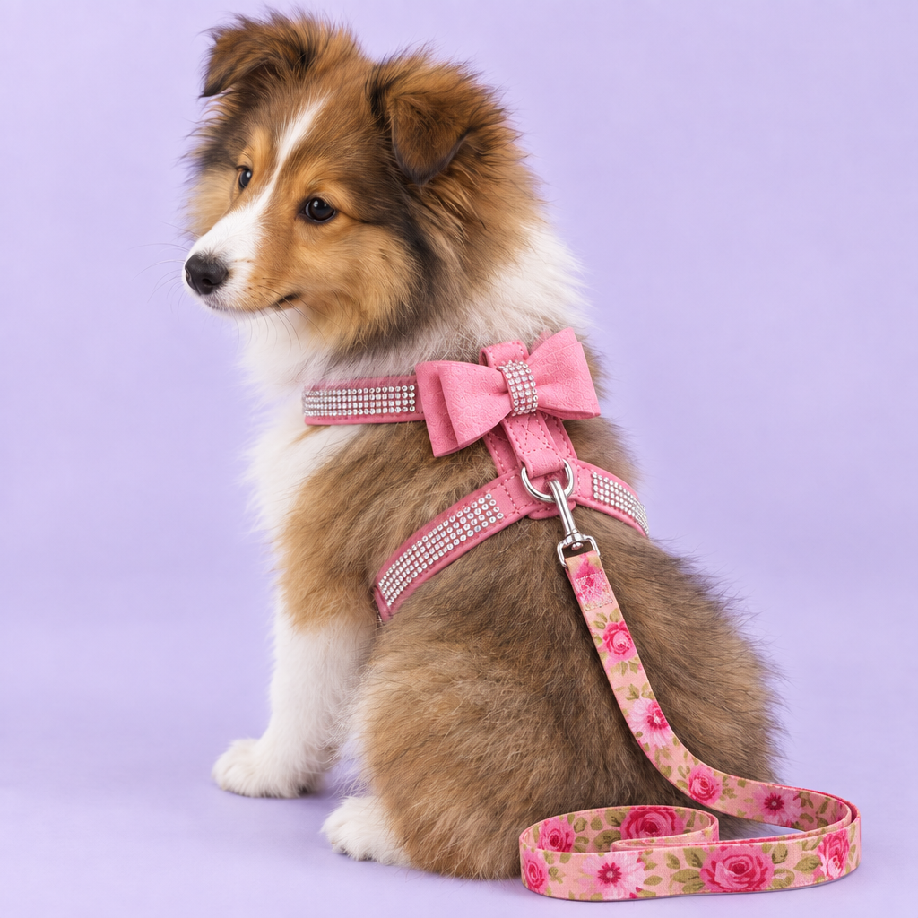 Sheltie in pink harness with leash on the floor