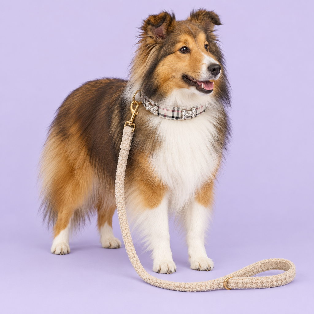 Sheltie with plaid collar and beige fleece leash