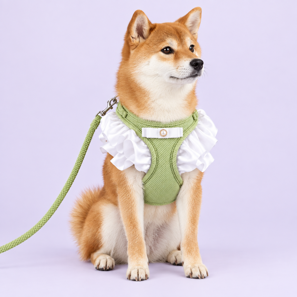 Shiba Inu in pale green ruffled harness