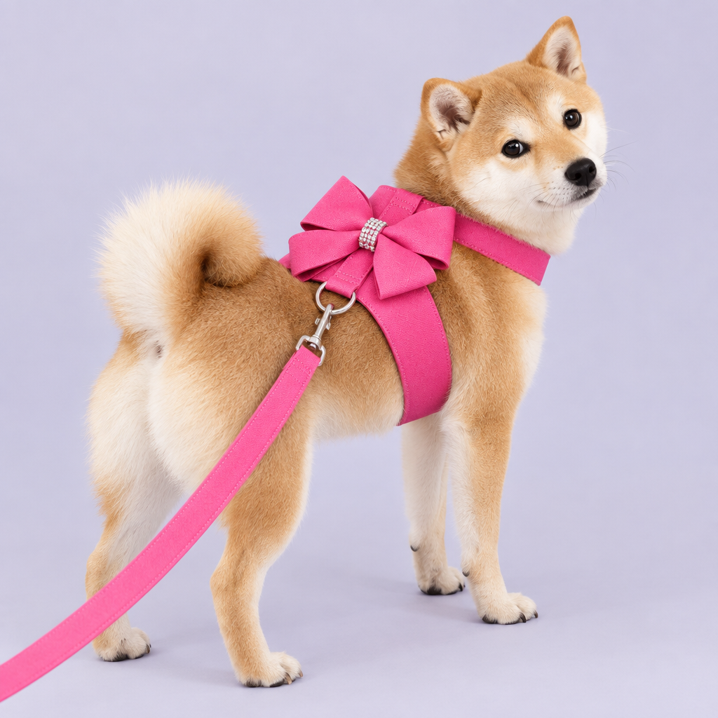 Shiba Inu in pink bow harness with leash