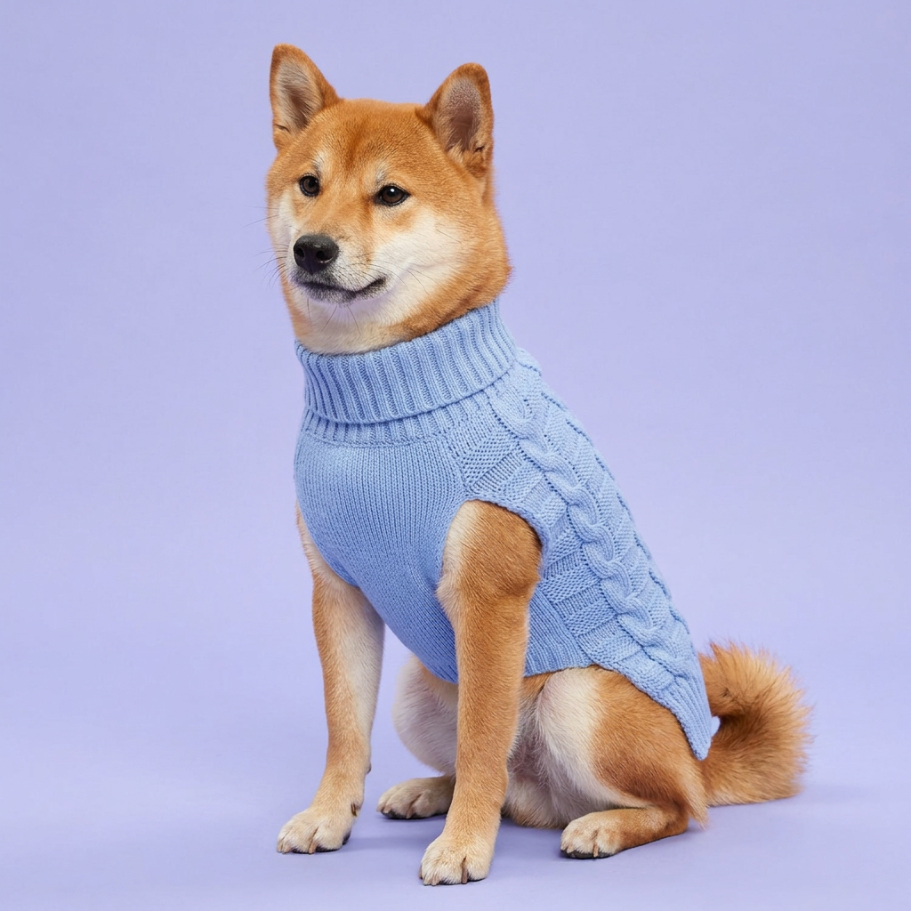 Shiba Inu wearing the blue turtleneck sweater on lavender