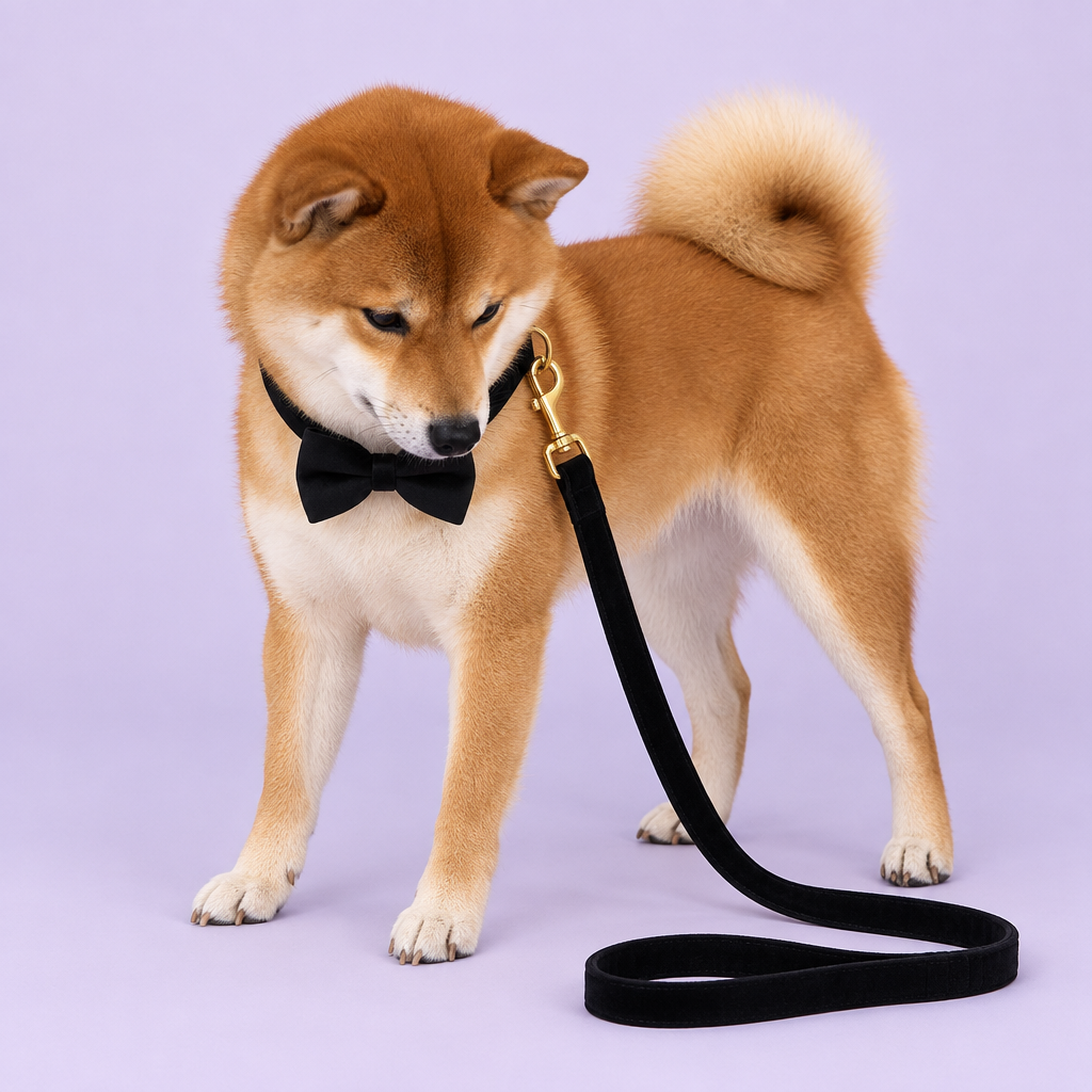 Shiba Inu with black bow collar and matching leash
