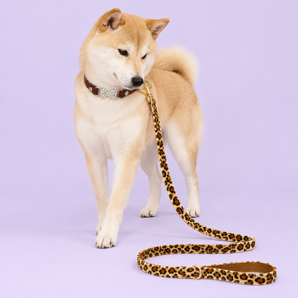 Shiba Inu with brown bow collar and leopard leash