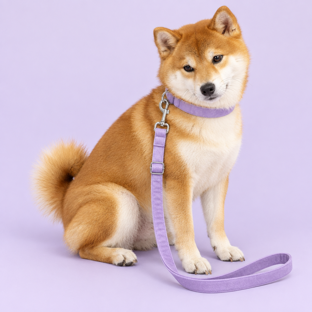 Shiba Inu with light-purple collar and leash