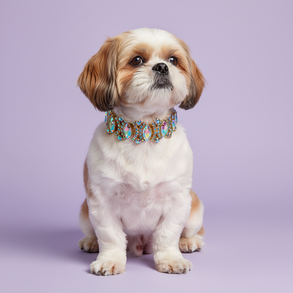 Brown-eyed gold and white Shih Tzu sitting tall and gazing upward wearing a gold AB crystal rhinestone collar with iridescent aurora borealis marquise gem embellishments, luxury AB crystal dog collar for small breeds on solid lavender background