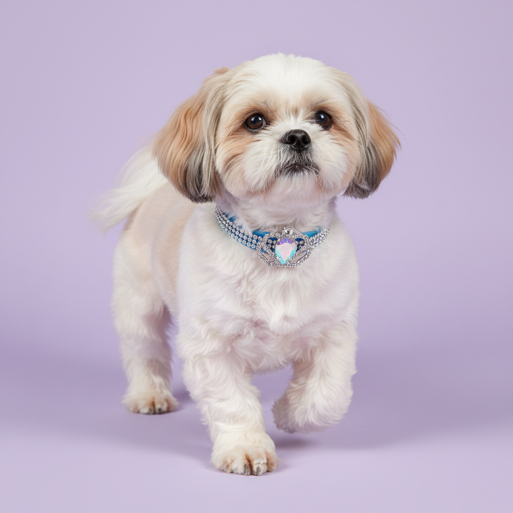 Brown-eyed gold and white Shih Tzu mid-prance trotting toward camera wearing a light blue rhinestone collar with a silver crown centerpiece featuring an iridescent AB heart crystal, luxury crown heart crystal dog collar for small breeds on solid lavender background